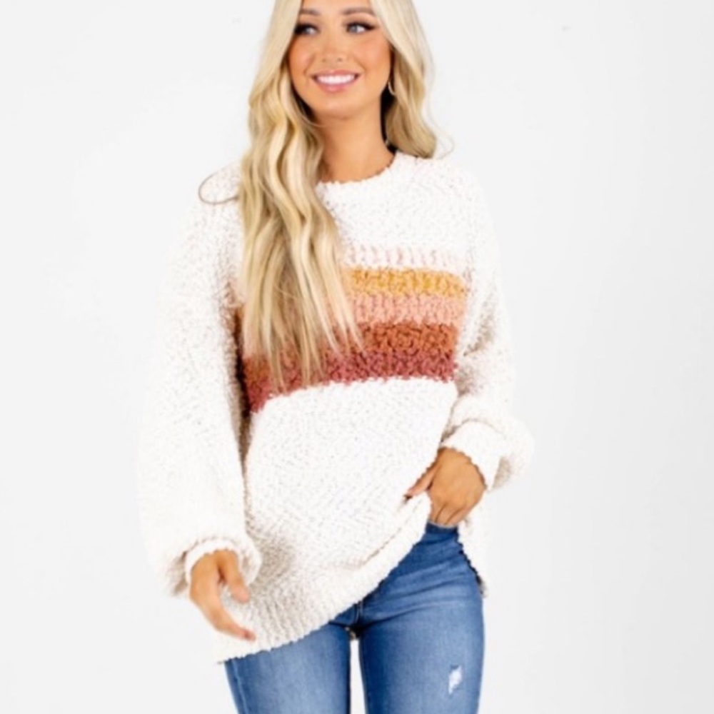 Vici Cream Popcorn Knit Sweater with Rust, Mustard & Pink Stripes